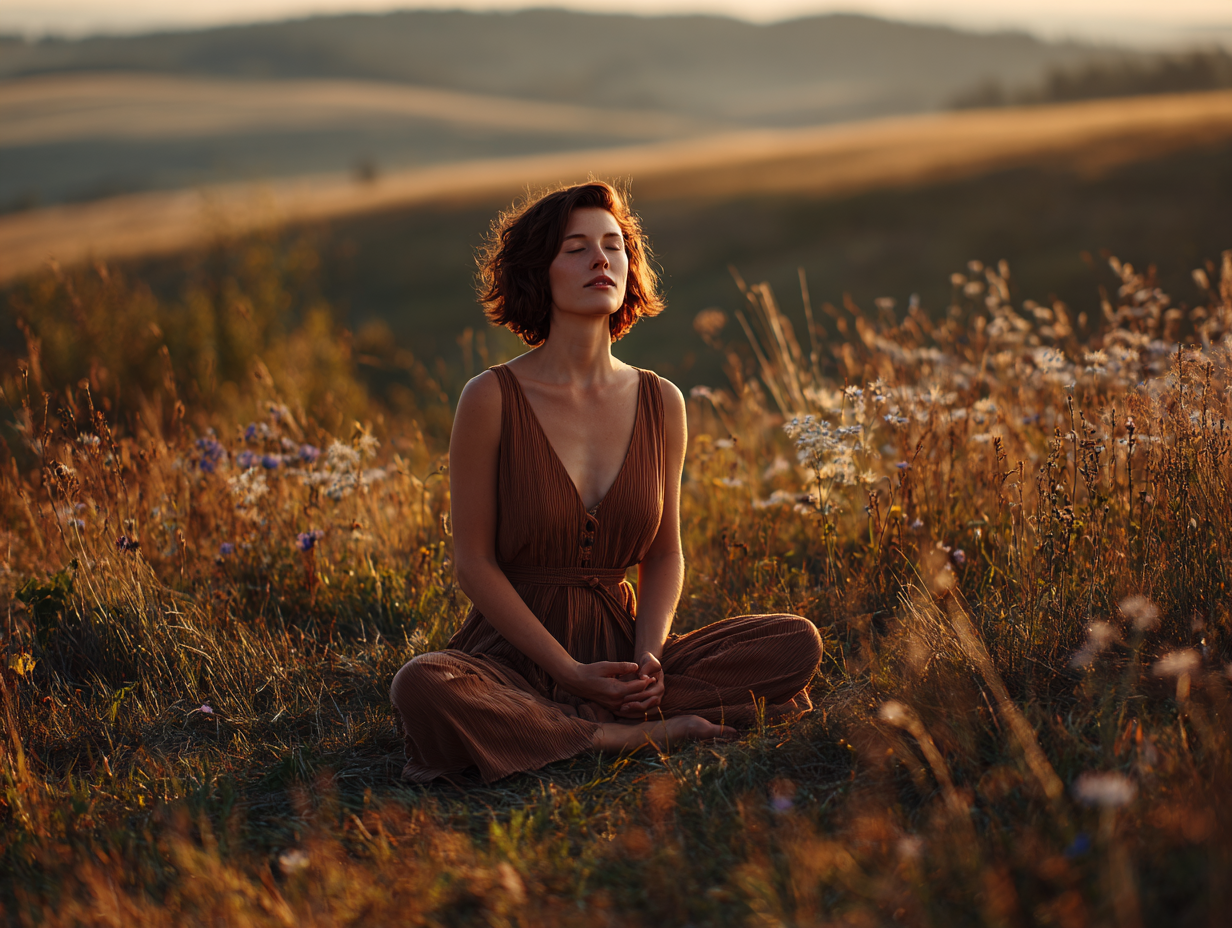 Жінка в позі йоги на заході сонця